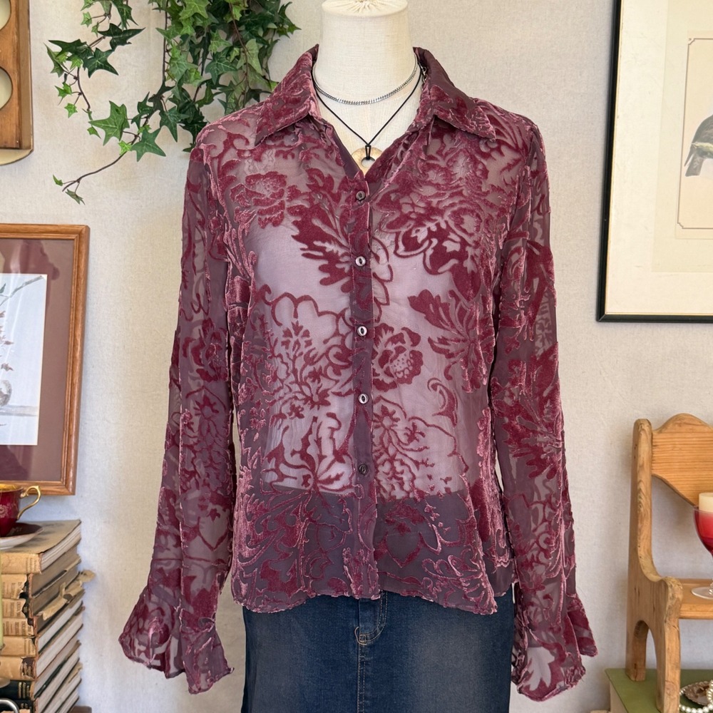 Burgundy Floral Burnout Velvet Blouse Ruffle Whimsygoth 12 Sheer Layering top